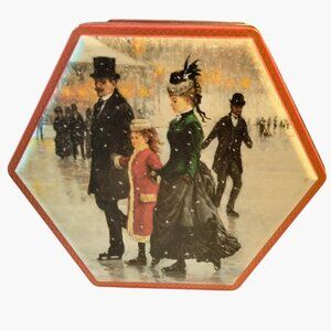 Alan Maley Hexagonal Tin Box Victorian Ice Skating Scene In Harmony Vintage 1996